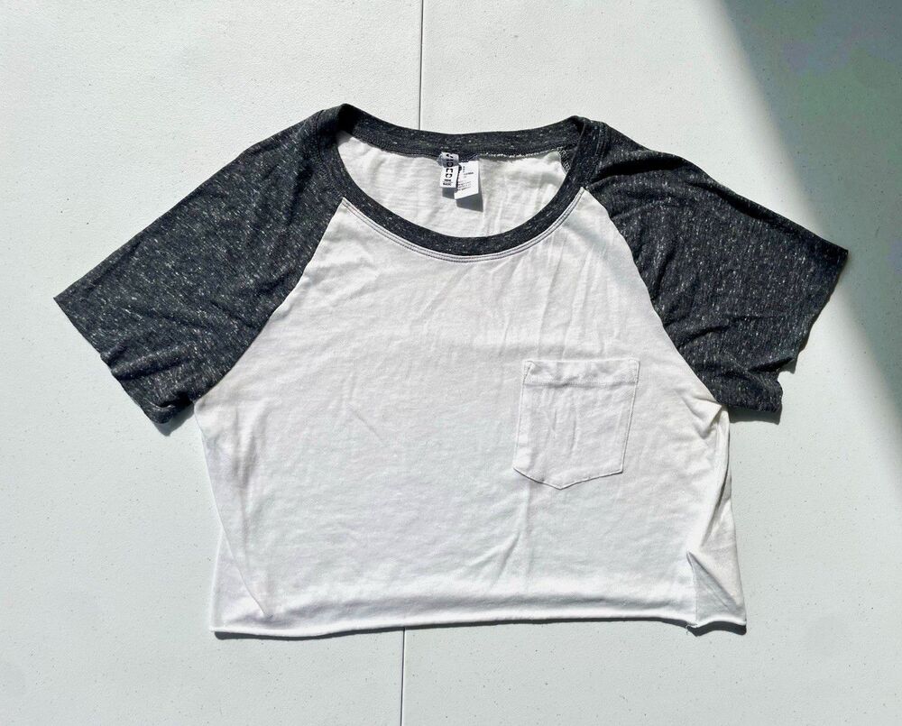 H&M White Gray Colorblock Raglan Short Sleeve Pocket Crew Neck Tee S